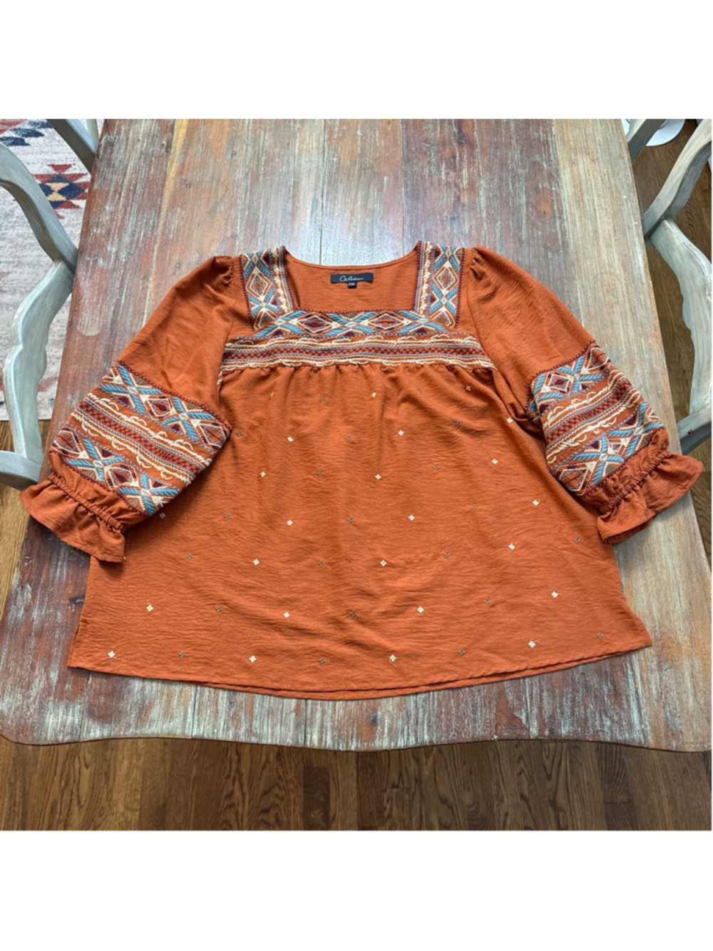 Calessa Petite XL Burnt Orange Bohemian Top-Southwestern Embroidery- Ruffle Cuff
